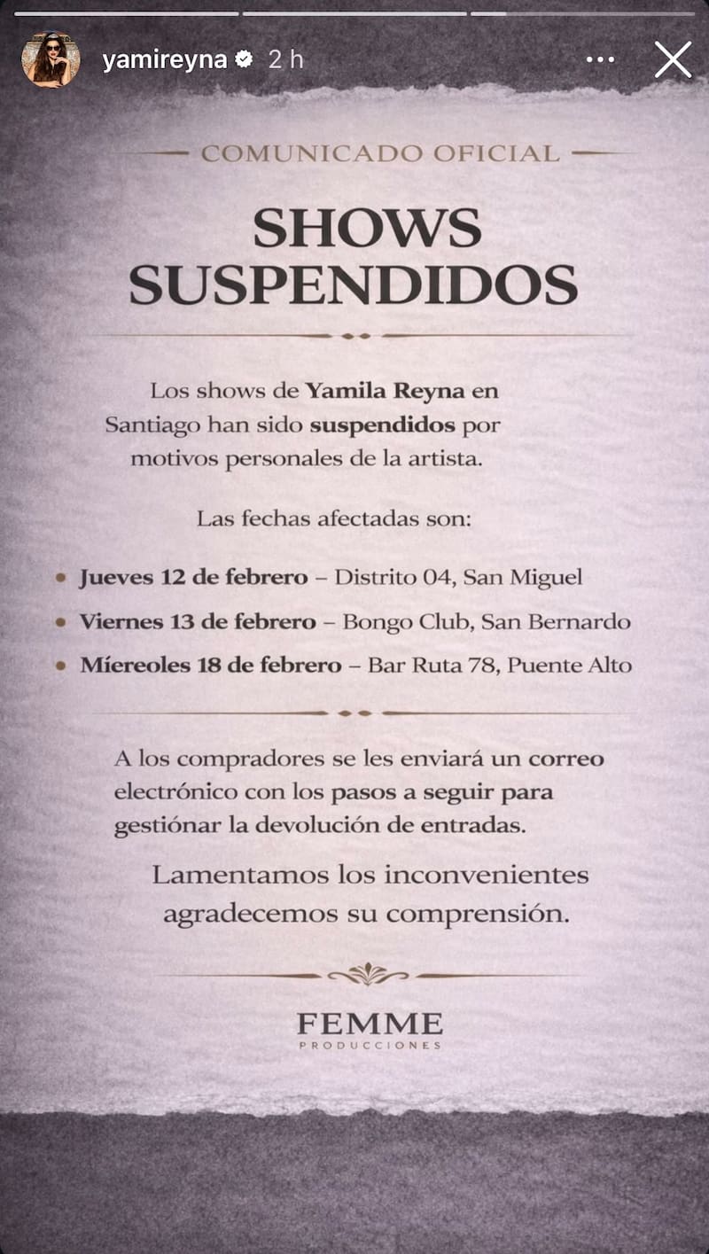 Explicando que Yamila se baja de sus próximos shows de stand up. Foto: @YamiReyna en Instagram