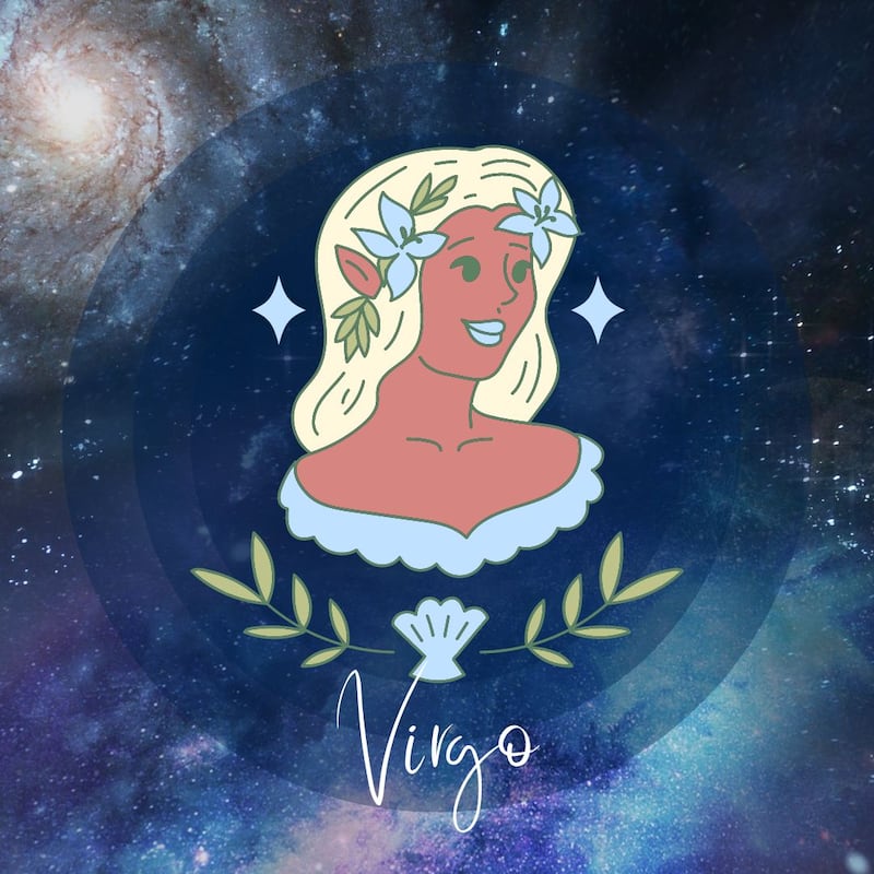 Fondo de espacio exterior, al extremo superior izquierdo se ve iluminada una galaxia. Al centro, una caricatura del signo Virgo y abajo la palabra Virgo