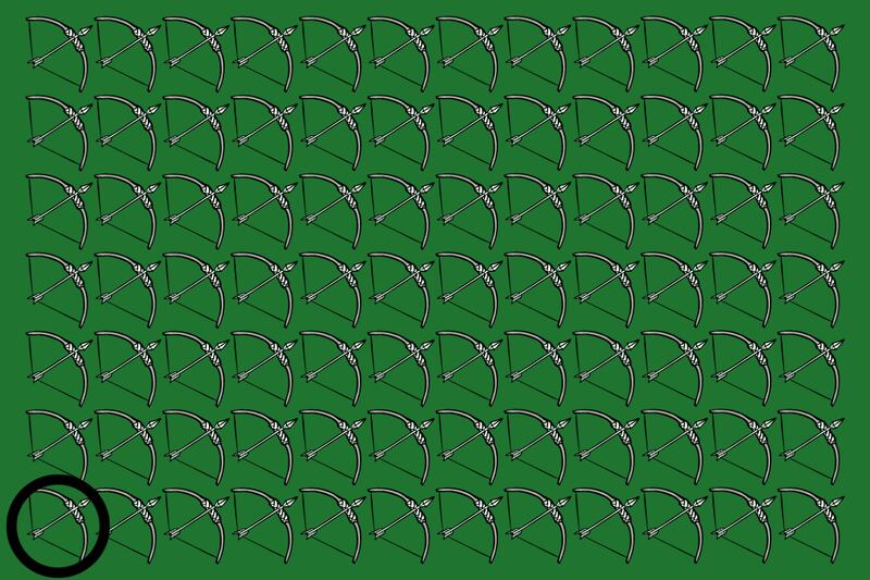 Fondo verde con muchos arco y flechas, y solo uno es diferente y está señalado con un círculo negro.