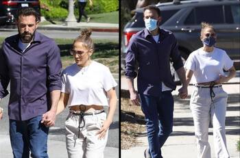 Jennifer Lopez y Ben Affleck con look casual son captados de paseo con uno de los hijos del actor
