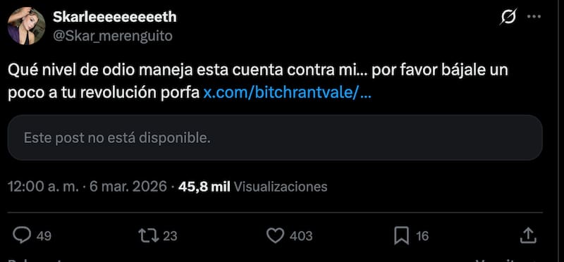 Reaccionó indignada en X (Twitter) a un comentario. Foto: Captura