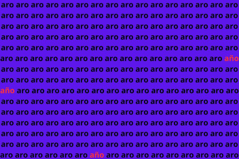 Fondo morado con muchas palabras "aro", y solo tres que dicen "año", las que están señaladas con color rojo.
