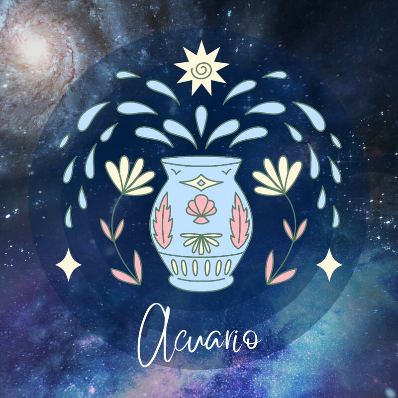 Fondo de espacio exterior, al extremo superior izquierdo se ve iluminada una galaxia. Al centro, una caricatura del signo Acuario y abajo la palabra Acuario.
