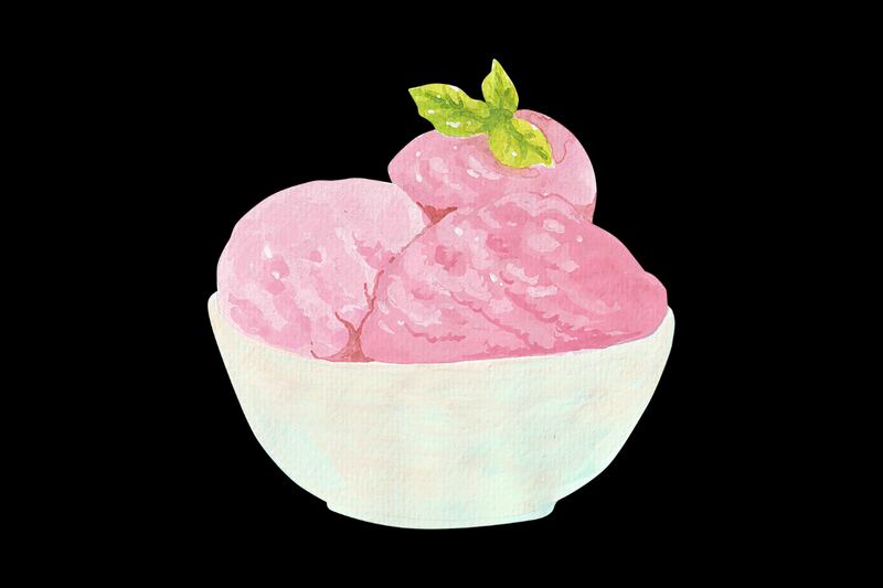 Pote con tres bolitas de helado rosadas.
