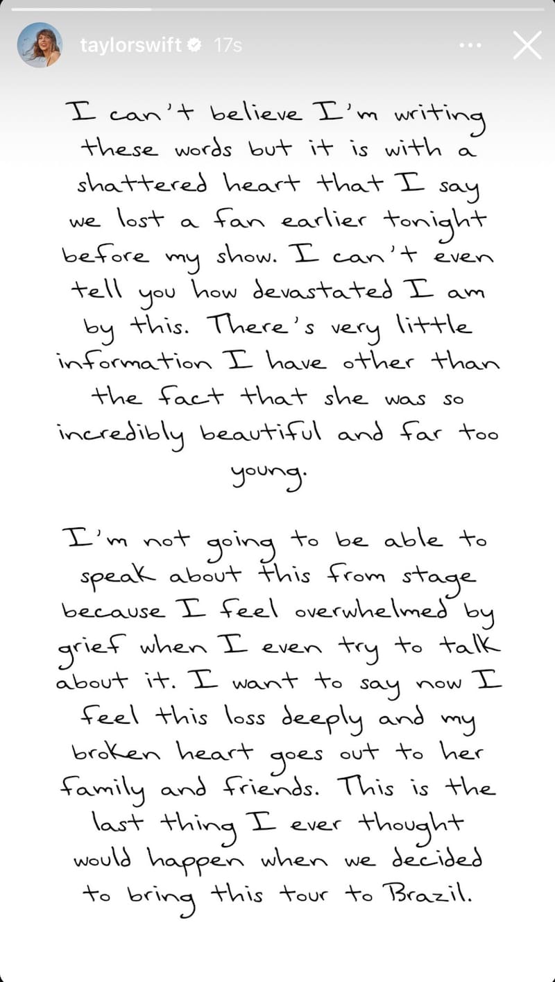 Taylor Swift ante muerte de fan de Brasil.