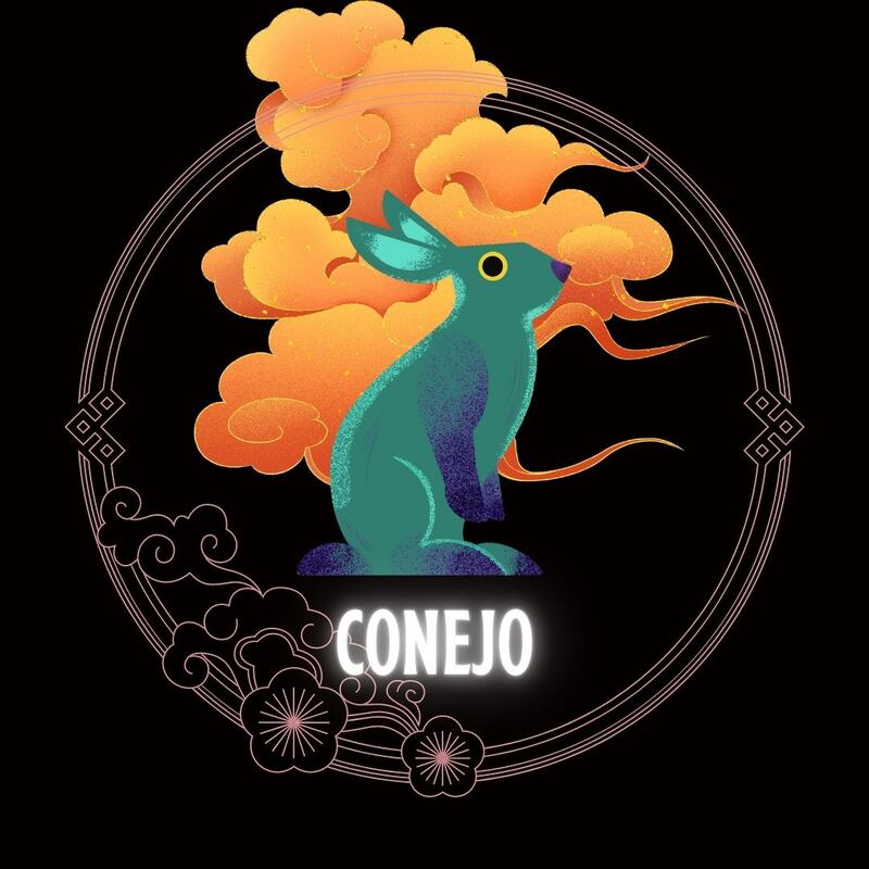 Caricatura de un conejo sobre un fondo negro, con motivos decorativos orientales dorados con forma de nube y círculo, que enmarcan el signo. Abajo del dibujo aparece la palabra conejo
