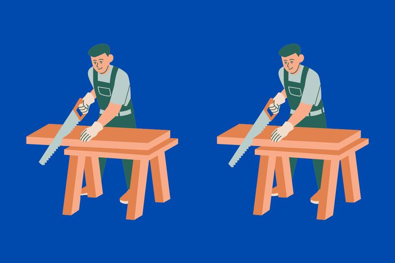 En este test visual se ven dos ilustraciones que parecen iguales, donde hay un hombre aserruchando madera en una mesa.