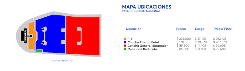 Precios y ubicaciones para el concierto.