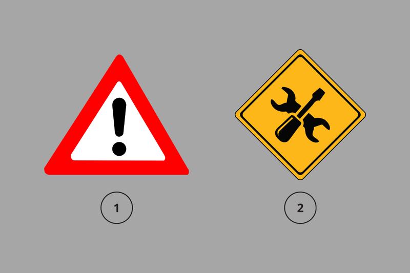 Dos opciones en este test de personalidad: una señalética de un triángulo con un signo de exclamación en su interior; y una de un cuadrado amarillo con dos herramientas dentro de él.