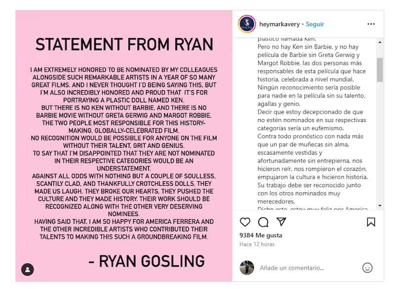 comenta sobre las nominaciones de los Oscar 2024.