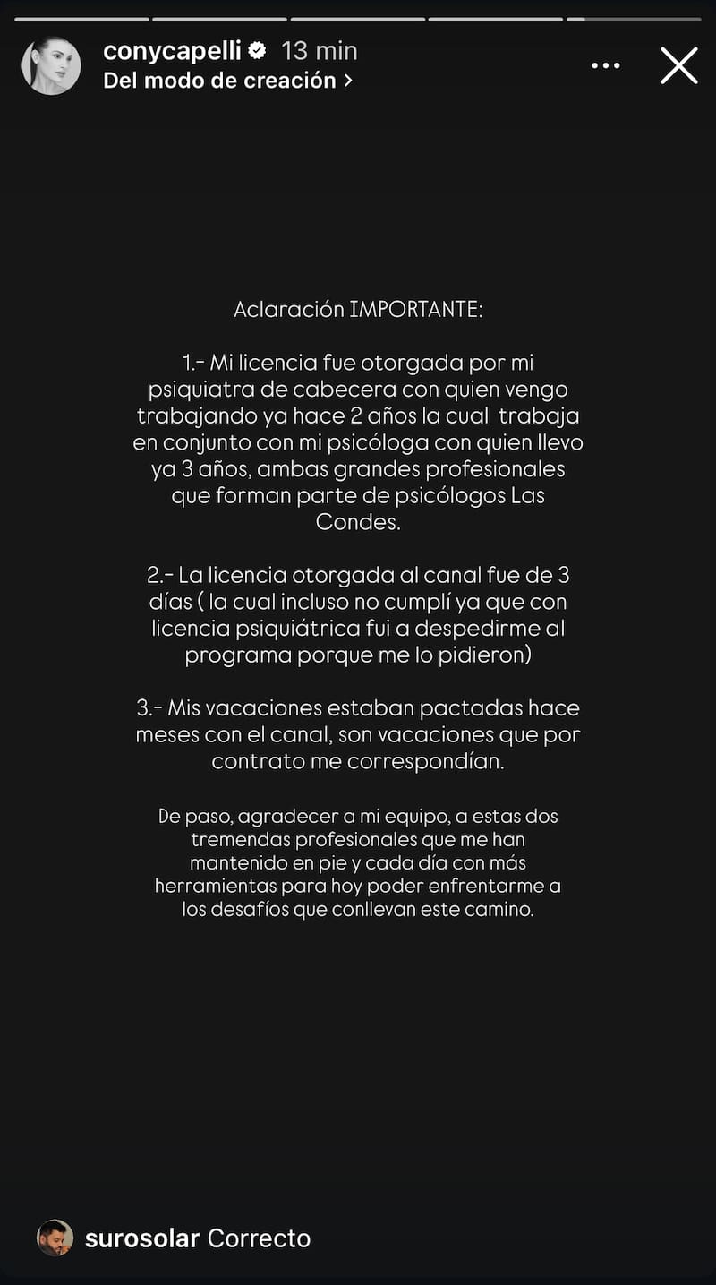 La historia subida a su Instagram en la noche de este domingo. Foto: Captura