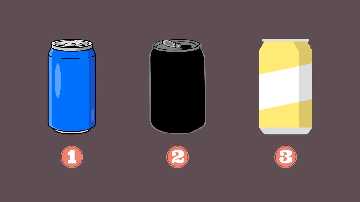 tres opciones en este test de personalidad: una lata azul, otra negra y otra amarilla.