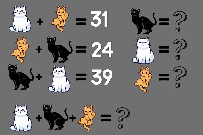 En este test visual hay que intentar descifrar el valor de cada gato y luego la suma de los tres.