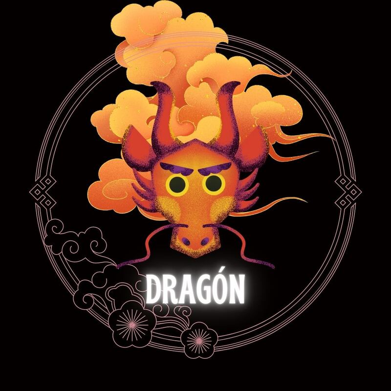 Caricatura de la cara de un Dragón sobre un fondo negro azulado, enmarcado en un círculo con flores. Atrás del animal se ven nubes doradas como adornos orientales.