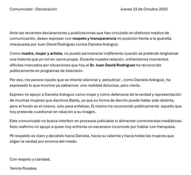 La expareja de Juan David Rodríguez expresó su apoyo a Daniela Aránguiz.