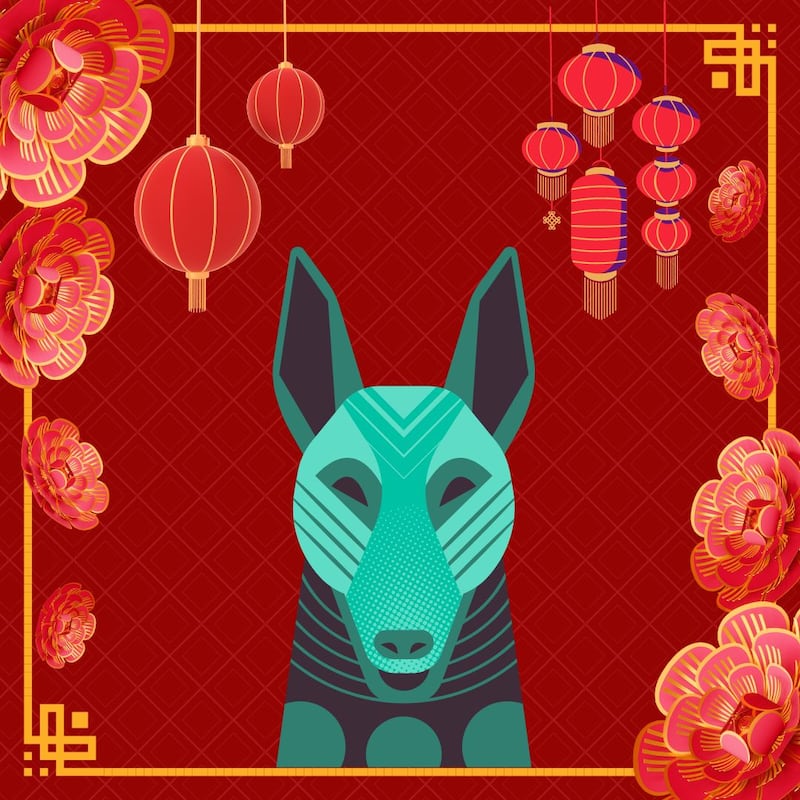 Caricatura de un perro sobre un fondo rojo con motivos decorativos orientales