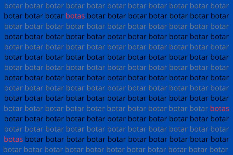 Imagen de palabras, donde la mayoría dice "botar" y hay 3 que dicen "botas", que están destacadas en rojo.