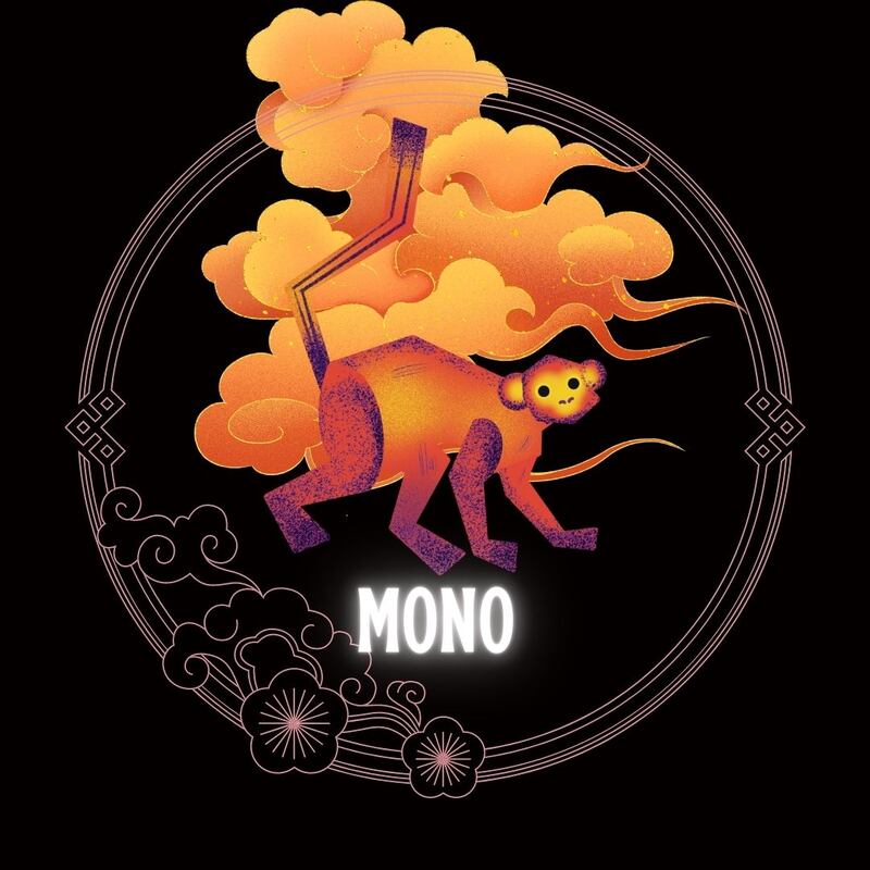Caricatura de un mono sobre un fondo negro, con motivos decorativos orientales dorados con forma de nube y círculo, que enmarcan el signo. Abajo del dibujo aparece la palabra mono