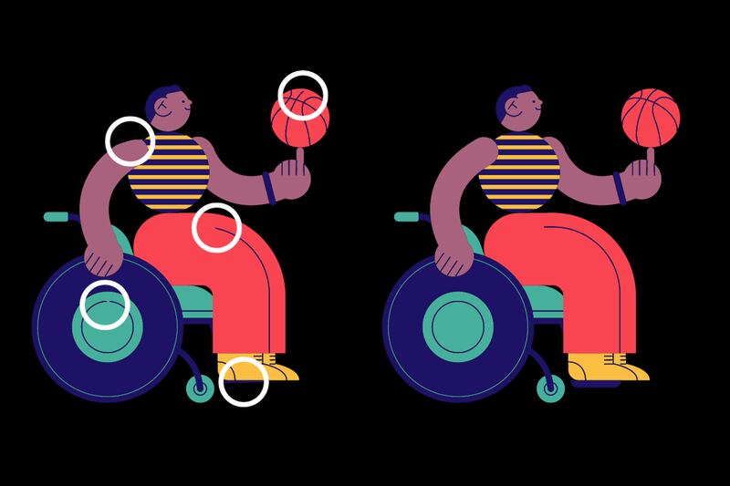 Cinco diferencias entre dos ilustraciones de basquetbolistas, las cuales están señaladas con círculos blancos.