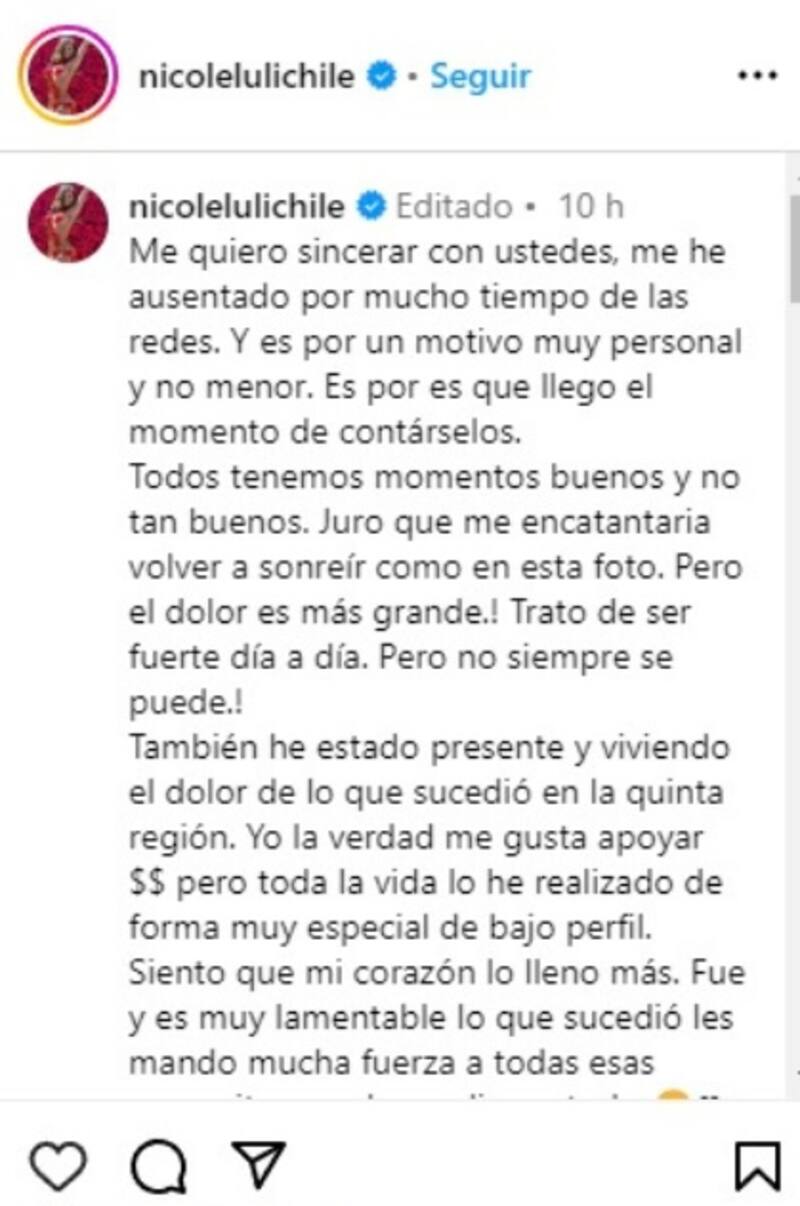 La alarmante de Nicole Moreno en Instagram.