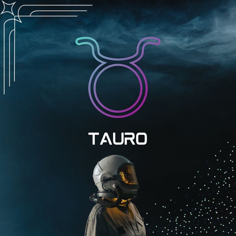 Sobre un fondo oscuro, con humo en la parte superior, aparece el símbolo de Tauro. Al centro aparece el nombre del signo en color blanco y todavía más abajo, un astronauta está mirando hacia la derecha.