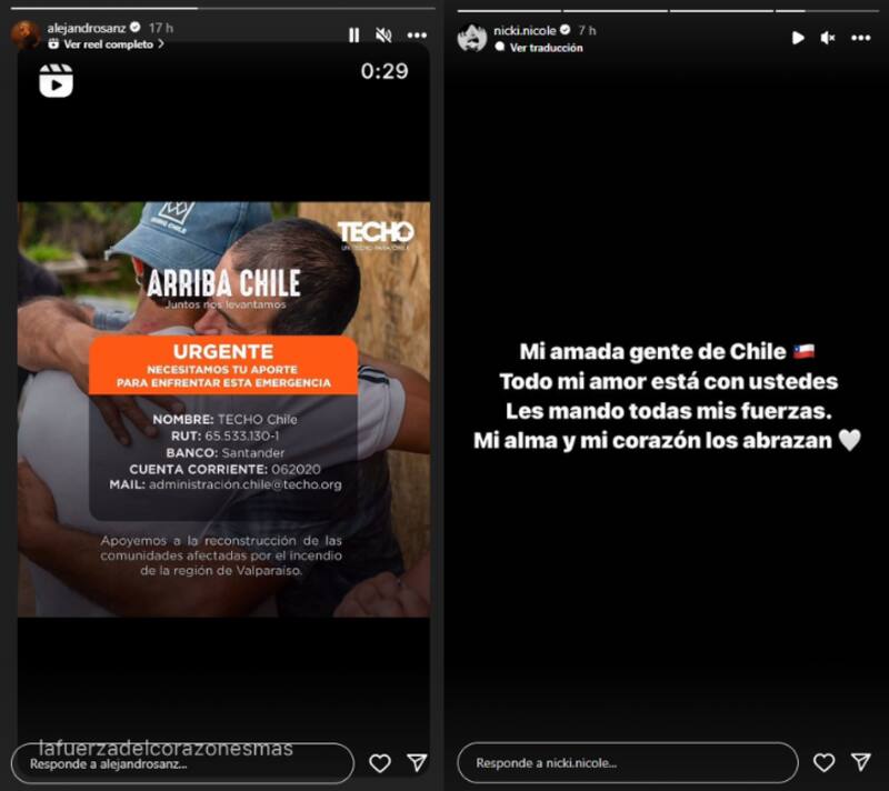 Alejandro Sanz y Nicki Nicole publican historias en Instagram para Chile.