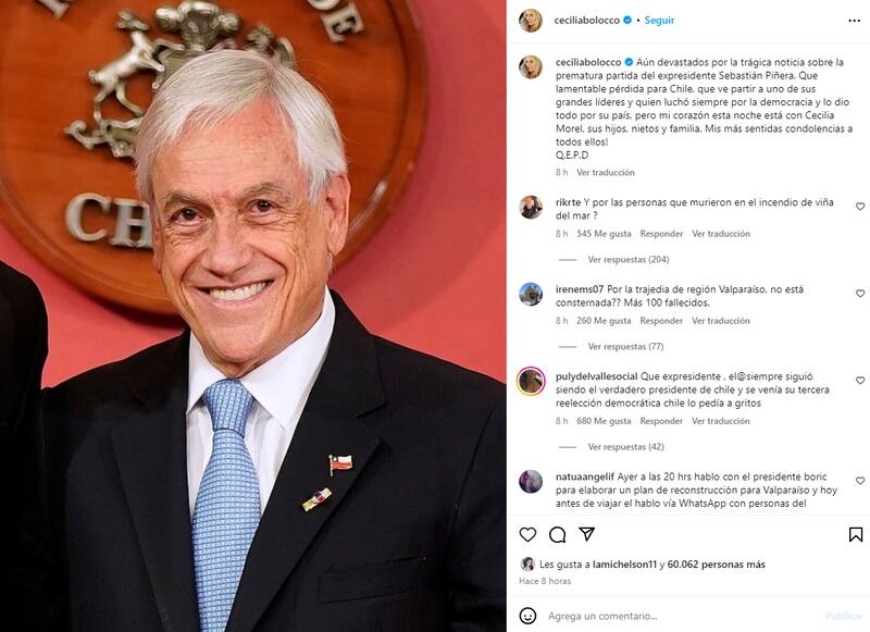 Cecilia Bolocco expresa emotivas palabras por muerte de Sebastián Piñera.
