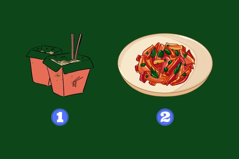 En la imagen se ven dos opciones: un plato de comida preparado en una caja, y otro preparado en un plato formal.