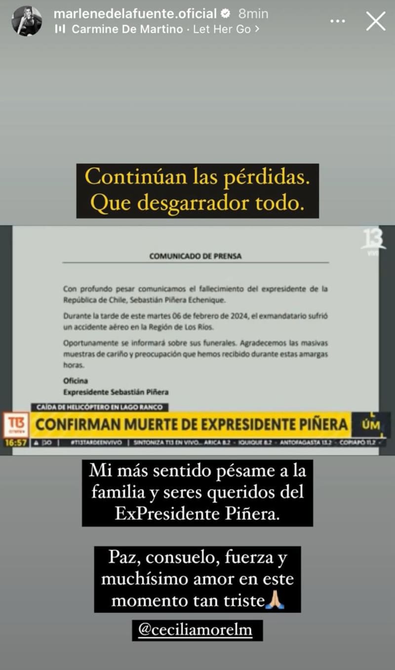 Marlene de la Fuente en sus historias de Instagram.