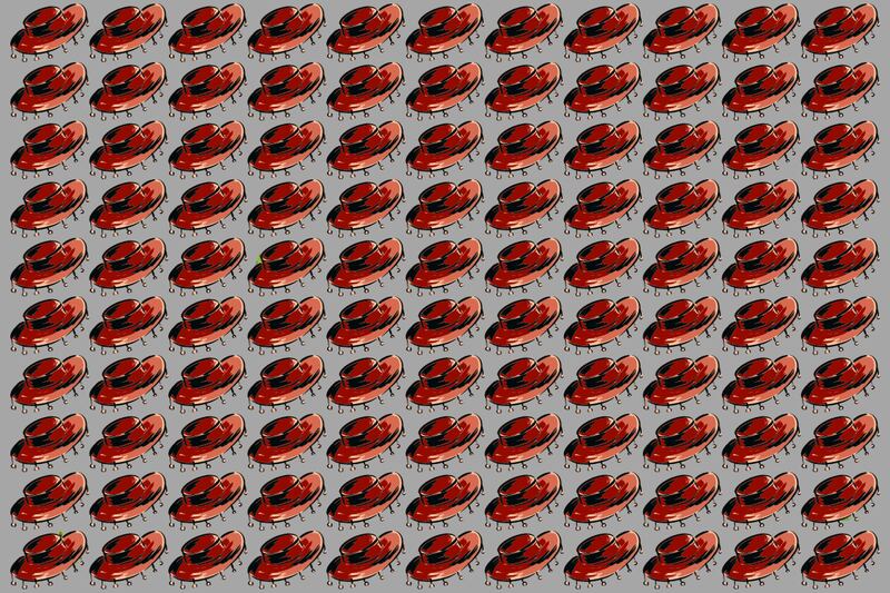 Muchos sombreros sobre un fondo gris, y tres ranas que se esconden entre ellos.
