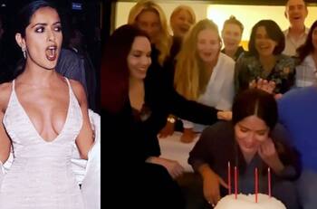Angelina Jolie da pastelazo a Salma Hayek por su cumpleaños 55
