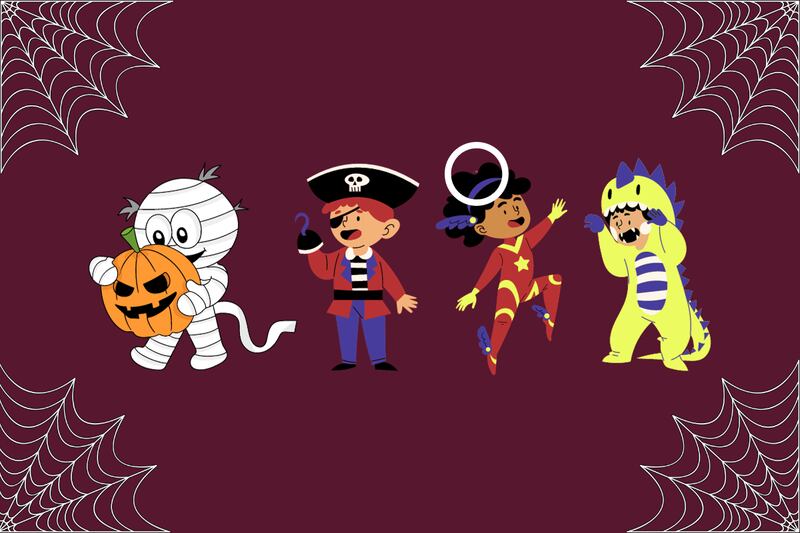 En este test visual se ve una escena de Halloween, donde sobre un fondo de color vino hay telas de araña y 4 personas disfrazadas. Una tiene un dulce escondido.