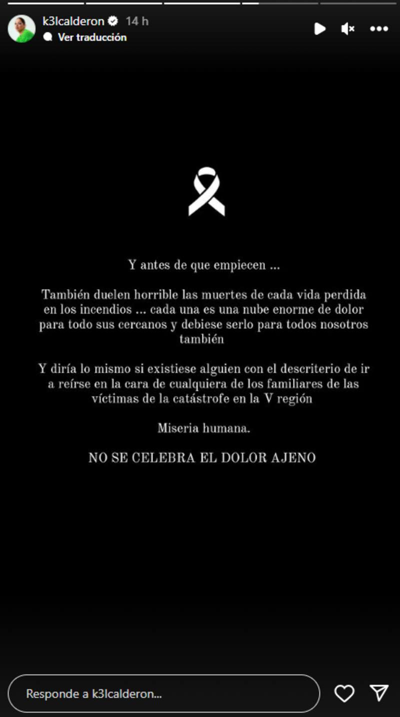 Kel Calderón se defiende por criticas luego de su publicación con condolencias hacia familia de Sebastián Piñera.