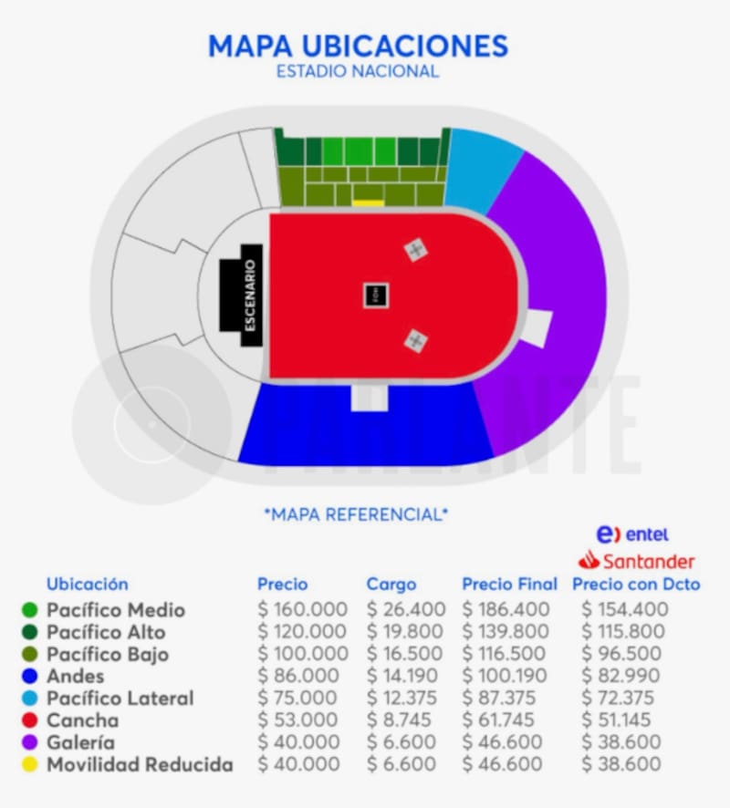 Ubicaciones y precio de entradas para su concierto en Chile.
