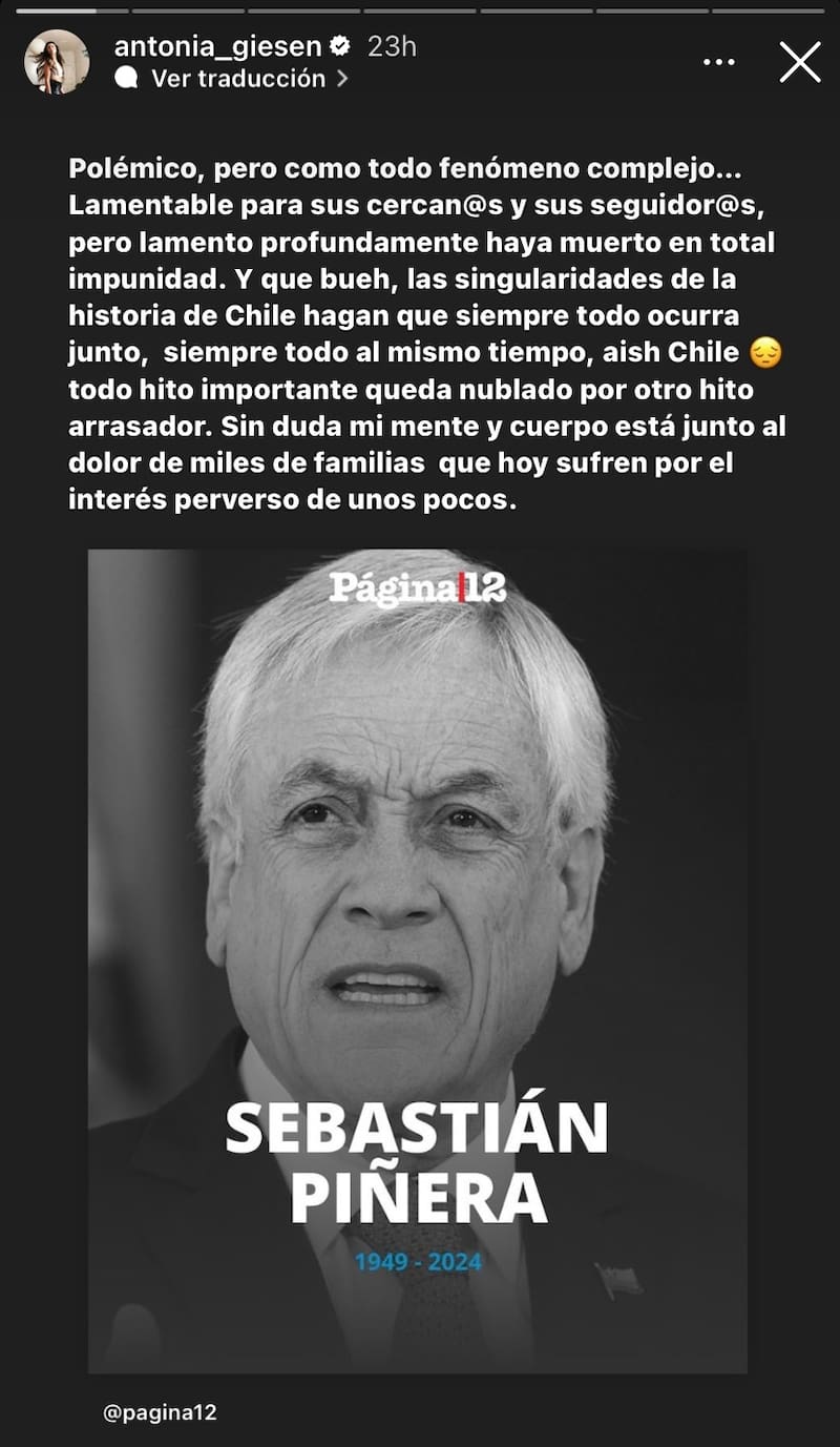 La crítica de Antonia Giesen ante la muerte de Sebastián Piñera.