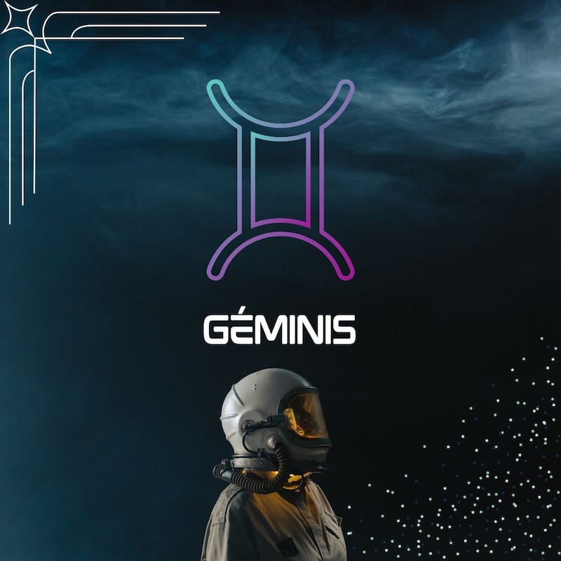 Sobre un fondo oscuro, con humo en la parte superior, aparece el símbolo de Géminis. Al centro aparece el nombre del signo en color blanco y todavía más abajo, un astronauta está mirando hacia la derecha.