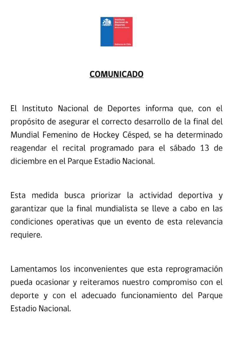 Instituto Nacional del Deporte informó sobre la suspensión del festival.