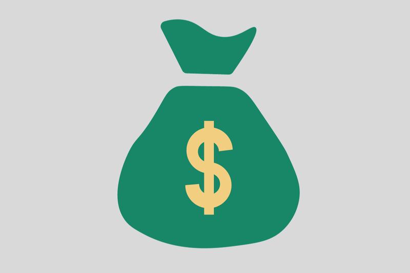 Dibujo de una bolsa verde de dinero, que está sobre un fondo gris.