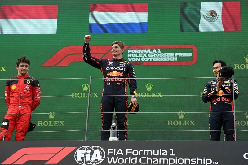 Max Verstappen, Charles Leclerc y Checo Pérez fueron los tres primeros lugares. (F1)