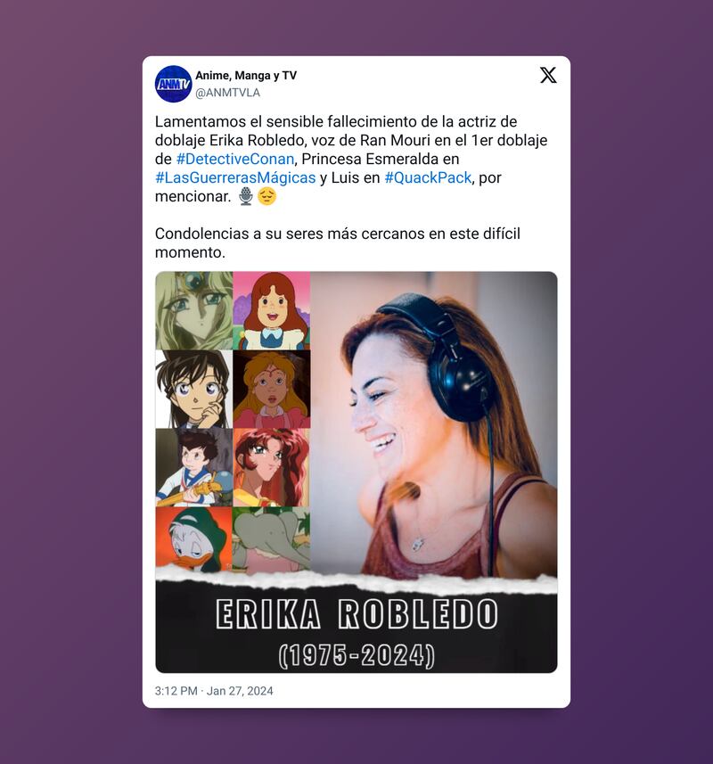 El homenaje a Erika Robledo que realizó la cuenta "Anime, Manga y TV" en la plataforma X