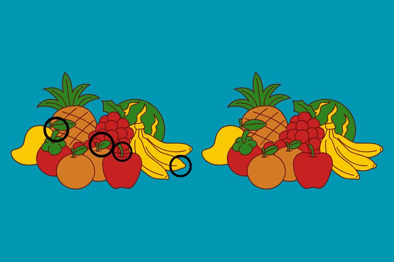 En este test visual hay dos grupos de frutas que parecen exactamente iguales, pero tienen 4 diferencias.