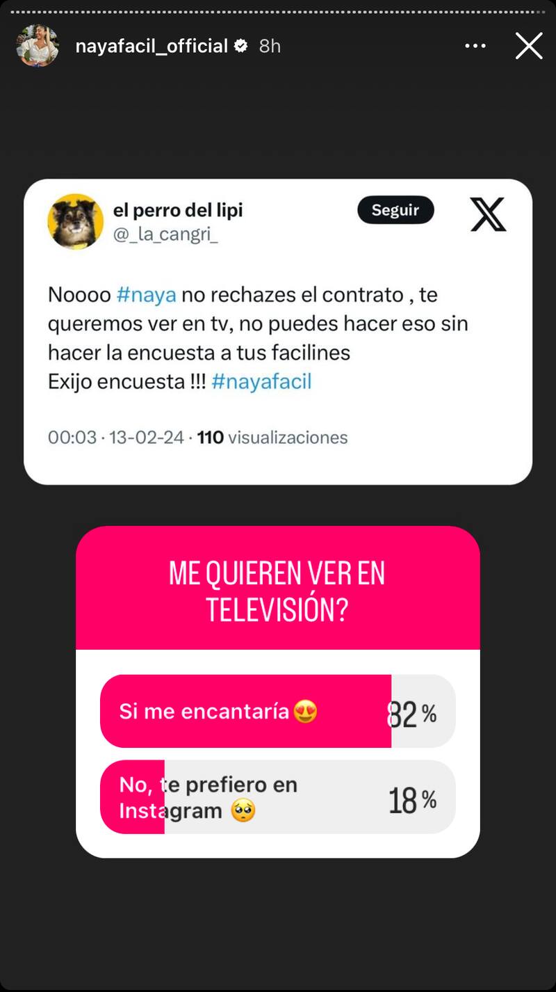 Naya Fácil hizo una encuesta para decidir si entrar a canal 13 o seguir con su vida desde redes sociales.