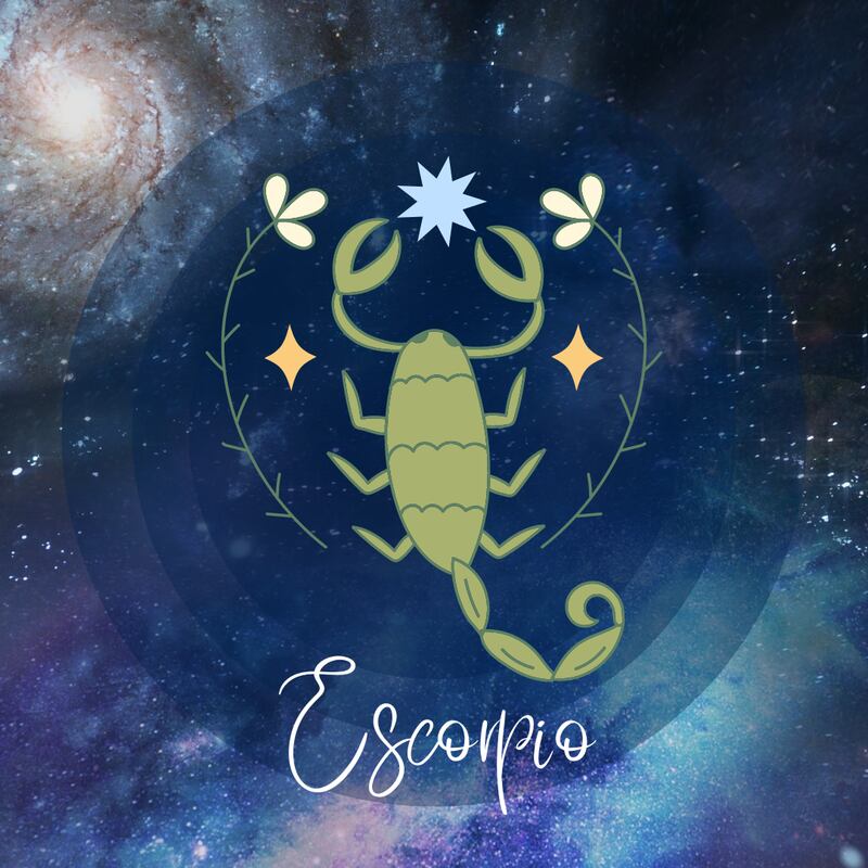 Fondo de espacio exterior, al extremo superior izquierdo se ve iluminada una galaxia. Al centro, una caricatura del signo Escorpio y abajo la palabra Escorpio.