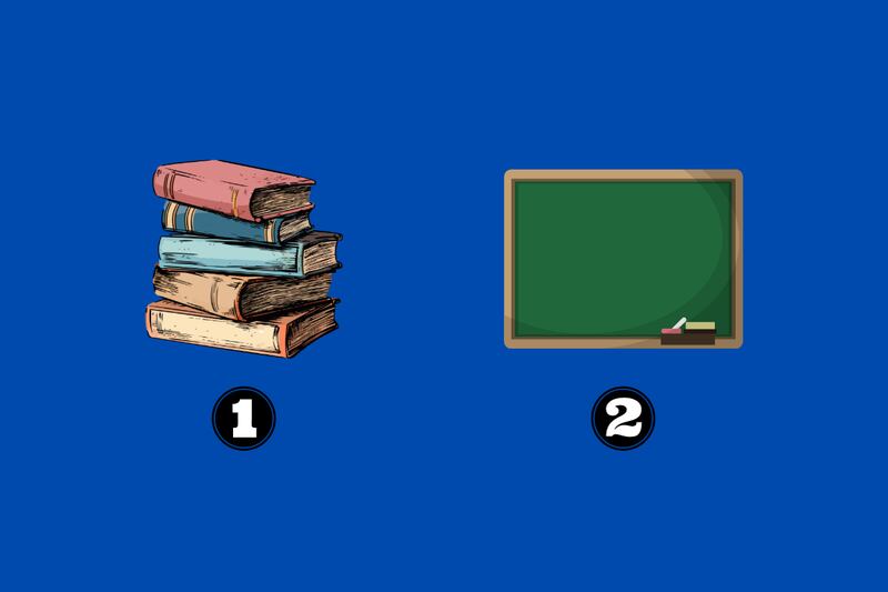 Dos opciones en este test de personalidad: libros antiguos apilados, o una pizarra de tiza sin nada escrito.