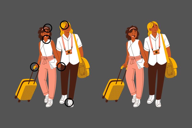 Dos dibujos de pareja de viaje que parecen iguales, pero tienen sutiles diferencias entre sí, las que están señaladas con círculos negros.