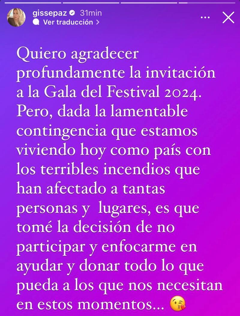 Gissella Gallardo se restó de la Gala del Festival de Viña 2024.