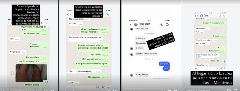 Pantallazo de mujer denunciante de haber sido violada en casa de Erick Pulgar.