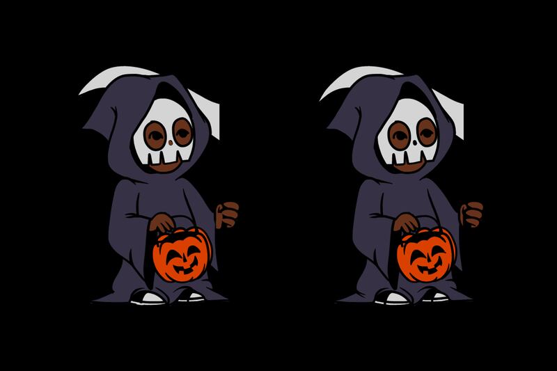 Dos dibujos de niños disfrazados para Halloween, que parecen iguales, pero tienen seis diferencias.