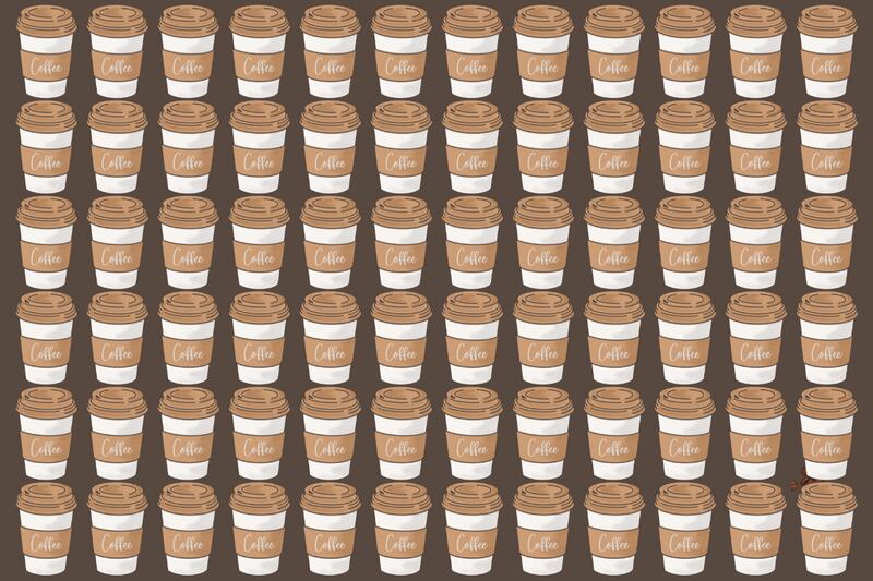 Imagen llena de vasos de café, y entre ellos se esconden unos granos enteros.