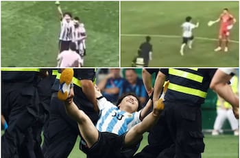 Hincha invadió la cancha, abrazó a Lionel Messi, saludó a Dibu Martínez y fue expulsado entre seis guardias